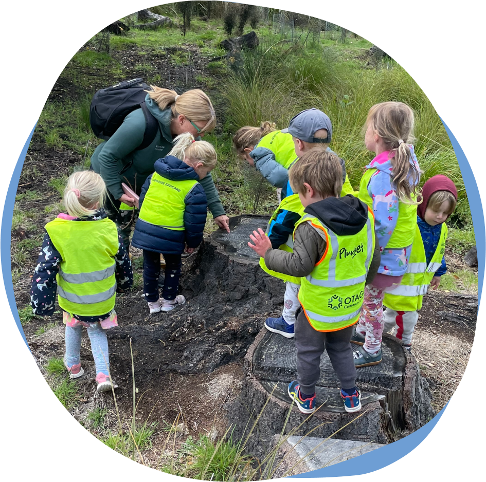 Riverside Early Childcare A group of young children in reflective vests, accompanied by an early childcare wanaka adult, explore nature, examining a large tree stump in a wooded area.